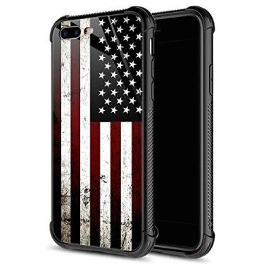 Imagem de Capa para iPhone 8 Plus, capa preta grunge bandeira americana para iPhone 7 Plus, parte traseira de vidro temperado + capa protetora de choque de silicone macio TPU para Apple iPhone 7/8 Plus