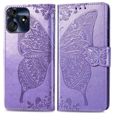 Imagem de DAMONDY Capa flip BLU G64L, flores em relevo borboleta couro PU capa flip magnética suporte porta-cartões alça de mão carteira capas para BLU G64L - roxo claro