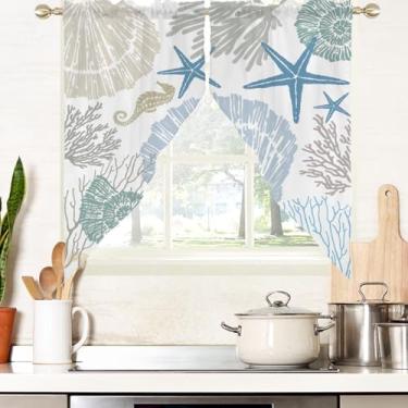 Imagem de AAtter Cortina de praia de cozinha para janela costeira oceano náutico concha do mar estrela do mar coral concha pequena curta casa de estar quarto banheiro tecido drapeado 1 par, 71 cm L x 91 cm C