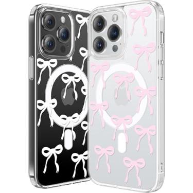 Imagem de Mephoro Pacote com 2 capas magnéticas para iPhone 15 Pro, capa de arco compatível com MagSafe, capa fofa com design de fita transparente estética para telefone antiamarelamento à prova de choque