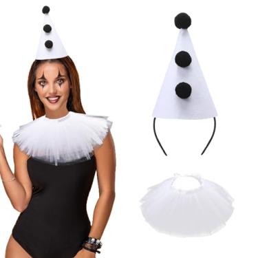 Imagem de CPEGHDVM 2 Pcs Halloween Clown Accessories for Women Pierrot Clown Hat Clown Hat Headband Jester Hat Vintage Clown Collar Ruffle Collar Black & White Scary Clown Costume for Halloween Cosplay Party
