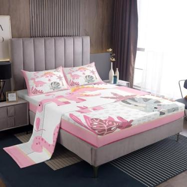 Imagem de Manfei Jogo de lençol solteiro com desenho animado de dinossauro, folhas de palmeira, coqueiro, tropical, decoração de quarto de meninos e meninas, planta de praia de verão, rosa, 3 peças (elástico +