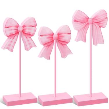 Imagem de 3 peças pequeno laço rosa placa de madeira bloco alto coquete decoração de quarto centro de mesa para mesa coquete feminino bandeja em camadas para berçário, quarto, aniversário, casamento, noiva