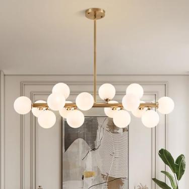 Imagem de Luminária de lustre de sala de jantar sobre mesa, lustres lineares de ilha dourada 16 claras, luminária de teto pendente, lustres Sputnik modernos com sombra de vidro branco para cozinha, sala de