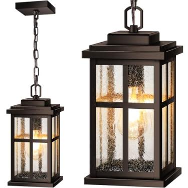 Imagem de VIANIS Luzes pendentes grandes ao ar livre para varanda, bronze polido a óleo, luzes de varanda penduradas ao ar livre com vidro temperado, lustre externo à prova d'água antiferrugem para pátio com