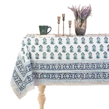 Imagem de Perilla Home Toalha de mesa multicolorida 100% algodão 152 x 272 cm | Capa de mesa retangular com estampa de bloco de mão para 6 lugares | Toalha de mesa lavável para o outono, decoração, casamentos