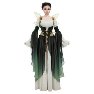 Imagem de daizbella Vestido feminino medieval mágico ombré, vestido de elfa, etéreo, fantasia renascentista, amarelo e verde