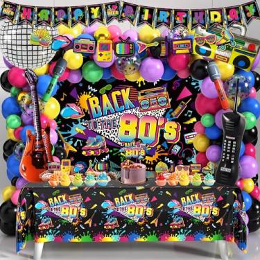 Imagem de Decorações de festa dos anos 80, tema dos anos 90, decorações de festa dos anos 80, suprimentos de festa com pano de fundo dos anos 80, toalha de mesa feliz aniversário bannner rádio boombox e kit de