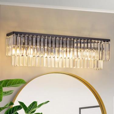 Imagem de Wellmet Luminária de banheiro com 4 luzes, iluminação de arandelas de parede de cristal preto, lâmpada de parede moderna para espelho, sala de estar, quarto, corredor, armário, varanda, base E12