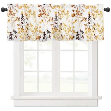 Imagem de Cortinas de cozinha florais pretas laranja queimado para janelas, outono, colheita, folha, flores, bolso para varão, pequena sanefa, tratamentos de janela, meia cortina curta, 114 x 45 cm para