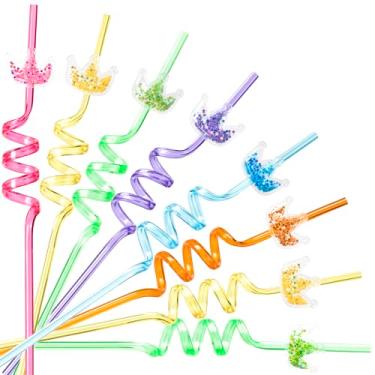Imagem de Snowfall Conjunto de 12 canudos de coroa de princesa com glitter, canudos de plástico espiral reutilizáveis para lembrancinhas de festa de aniversário de meninas, perfeito para tema de princesa, festa