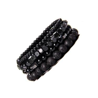Imagem de Kit 4 Pulseiras Pedras Naturais Bolinhas Onix com Hematita e Lava Vulc