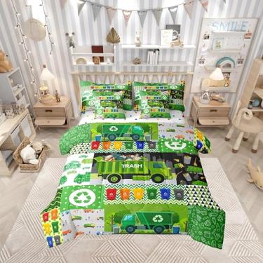 Imagem de Conjunto de edredom de 7 peças, solteiro, com desenho de caminhão de lixo, lixeira em aquarela (edredom + lençol de cima + 2 fronhas + 2 capas de travesseiro)