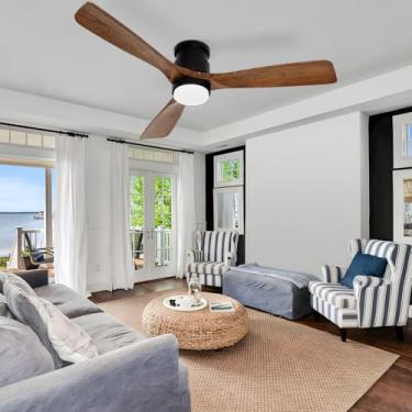 Imagem de Ventiladores de teto de 132 cm com controle remoto de luzes, ventilador de teto de baixo perfil de madeira maciça âmbar com luz, motor CC reversível silencioso com iluminação de LED ventiladores