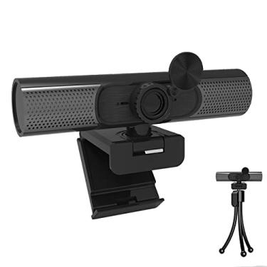 Imagem de Webcam 2K, câmera Web de microfone duplo com foco automático de transmissão ao vivo com capa de privacidade, câmera web de ângulo de visão de 110 graus para chamadas de vídeo, gravação, conferências