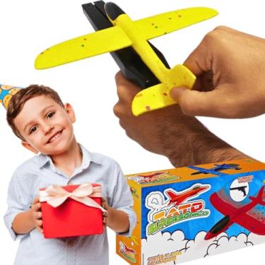 Imagem de Avião Planador De Espuma Diy peças de montar + Lançador Forte de Brinquedo Educativo Seguro selo Inmetro presente dia das crianças natal aniversário 3 anos menino menina (Amarelo)