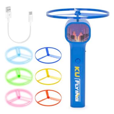 Imagem de FunisFun Lançador de disco elétrico com 6 spinners voadores, recarregável que brilha no escuro, brinquedos fidget divertidos ao ar livre para adultos e crianças