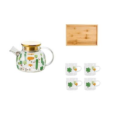 Imagem de Conjunto de jarra de água Conjunto de chaleira fria de vidro resistente ao calor, bule de chá, chá, frutas, máquina de chá, bandeja de grande capacidade, jarro de água com copos (Cor: Latão, Tamanho