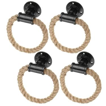 Imagem de Batente de porta, pacote com 4, puxadores de gaveta de corda de ferro e cânhamo, puxadores de porta para armário de porta, toalheiro, anel, suporte de parede, cabide de toalha para decoração de casa