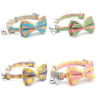 Imagem de Coleiras para animais de estimação de tamanhos pequenos/médios/grandes, para meninos e meninas, elegante, xadrez, ajustável, com gravata borboleta removível e Bel