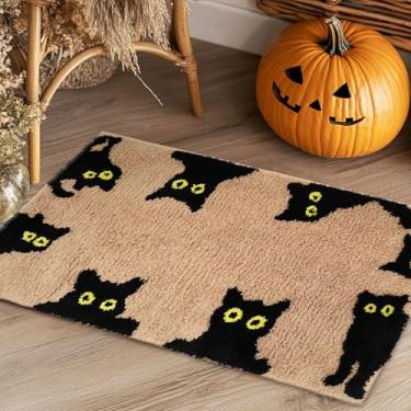 Imagem de JarThenaAMCS Tapete de banheiro de Halloween marrom preto gato adornado tapete de banho absorvente antiderrapante retangular tapete de chuveiro tapete de porta da frente para sala de casa, 19,7 x 35,4