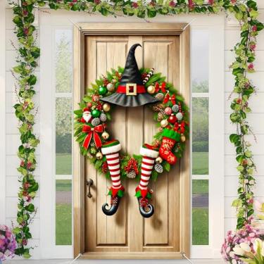 Imagem de BlissYard Capa para porta de Natal, Halloween, 188 x 89 cm, banners de porta de varanda para decoração de pernas de elfo, guirlanda de chapéu de bruxa com ornamentos de pinhas e bengalas de doces para