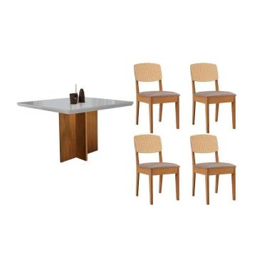 Imagem de Conjunto Sala de Jantar Berlim c/ Tampo Madeirado c/ Vidro Canto Curvo 90x90cm e 4 Cadeiras Havana Premium Naturale/Off White - Linho Capuccino-Rufato