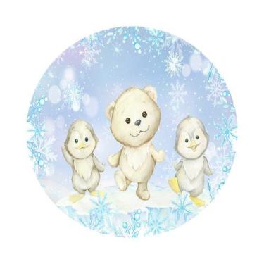 Imagem de Painel de Lona Redondo Ursinho Aquarela Frozen e Pinguins - Fabrika de