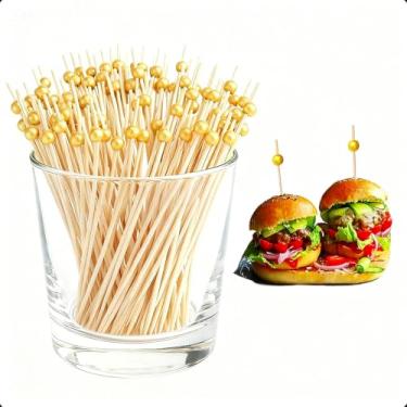 Imagem de 200 palitos extravagantes para aperitivos, palitos de coquetel de bambu de bola dourada, palitos de comida espetos de madeira para espetos de frutas, espetos de bambu para aperitivos, palitos