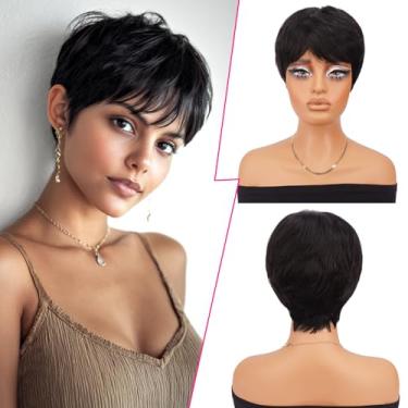Imagem de PEACOCO Pixie Cut Peruca de Cabelo Humano Perucas Curtas para Mulheres Negras Peruca Pixie Natural Sem Cola com Franja Perucas Curtas Virgem em Camadas para Mulheres 1B