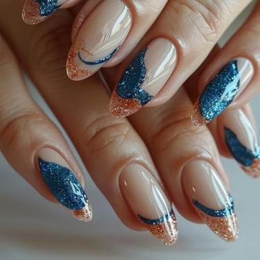 Imagem de Unhas postiças médias de amêndoa, unhas postiças com glitter, ponta francesa, com desenhos, cola nas unhas, capa completa, brilhante, unhas de acrílico, 24 peças
