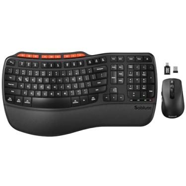 Imagem de Combo ergonômico de teclado e mouse sem fio, teclado ondulado de 2,4 G com apoio de palma acolchoado, digitação natural, mouse ajustável de 3 DPI, USB-A e C para computador/laptop/Mac/tablet – Sablute