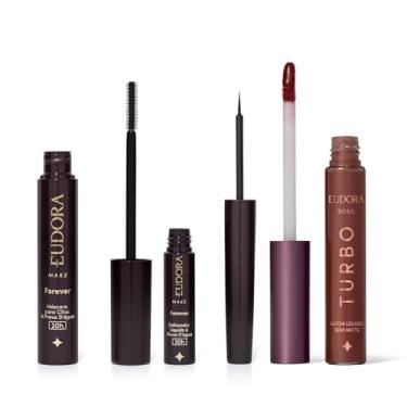 Imagem de Combo Eudora Make: Batom Líquido Rosa Pink Turbinado 5ml + Máscara Cílios Forever 8g + Delineador Líquido Forever 3ml