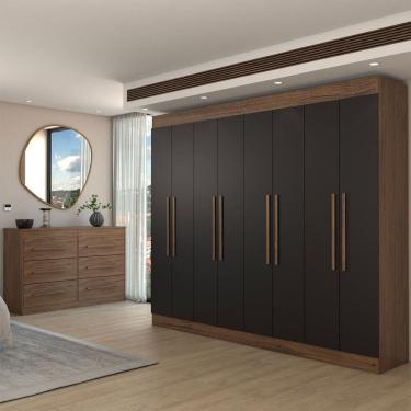 Imagem de Guarda-Roupa Casal Europa 8 Portas 4 Gavetas e Cômoda 6 Gavetas 100% Mdf Castanho/Preto - Panorama Móveis