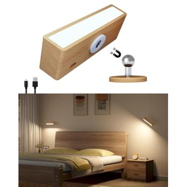 Imagem de DetarZinLED Luzes de parede de madeira operadas por bateria, arandelas magnéticas recarregáveis, luzes de parede adesivas para quarto, lâmpada de cabeceira regulável montada na parede, arandela de