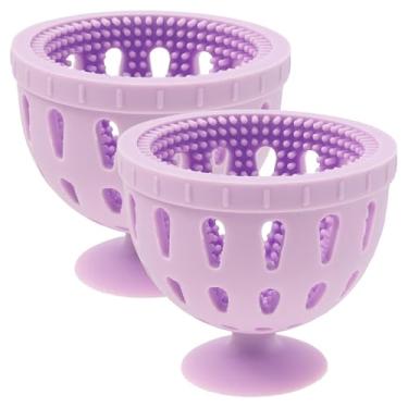 Imagem de 2 peças de limpador de escova de ovos de silicone, lavador de ovos de cozinha, esfregão rotativo multiuso de frutas e vegetais para ovos frescos para lavar batatas e tomates (roxo)