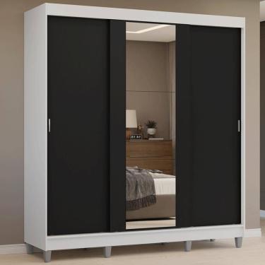 Imagem de Guarda-Roupa Casal com Pés 3 Portas de Correr com Espelho Branco/Preto Reno Madesa