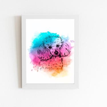 Imagem de Poodle Cachorro Colorido Quadro Moldura Branca 60X40Cm
