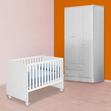 Imagem de Quarto Infantil Berço Retro e Guarda Roupa 3P 2G Branco - Qmovi