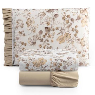 Imagem de Jogo Cama Lençol Fiore Solteiro Estampado 180 Fios 100% Algodão Com Babadinho 3 Peças Bege Floral