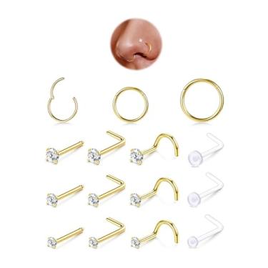 Imagem de Conjunto de argolas de nariz de 18 g e 20 g para mulheres e homens, anéis de nariz de segmento articulados hipoalergênicos, piercing de nariz de zircônia cúbica delicada e pinos transparentes
