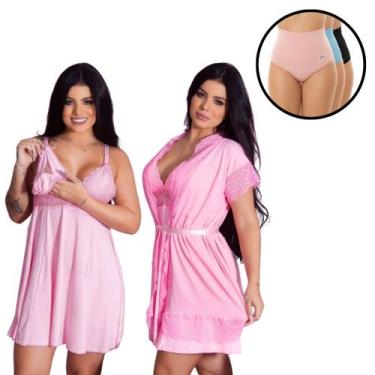 Imagem de Kit Maternidade Camisola Amamentação + Robe Roupão + 3 Calcinhas Pós P