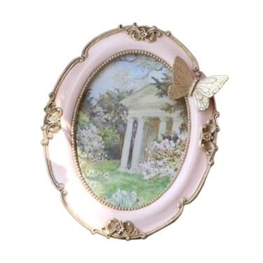 Imagem de Wswqop Moldura oval vintage para fotos, porta-cartões, moldura de resina para mesa, para pendurar na parede ou para mesa, para sala de estar e quarto, Rosa