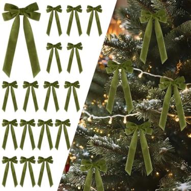 Imagem de Senjie 16 peças de laços de fita de veludo para árvore de Natal, ornamentos vintage rústicos pequenos de artesanato para grinalda guirlanda sacos de doces decorações de festa DIY (verde oliva, 12,7 cm