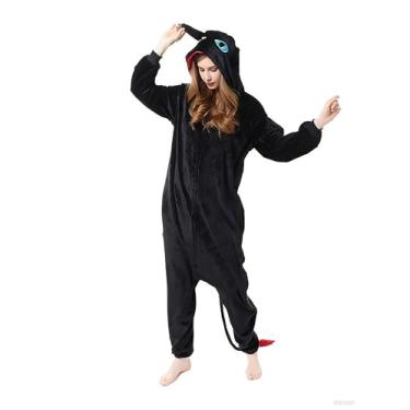 Imagem de QSLWcos Pijama de dragão para adultos, fantasia de anime preto, macacão de pelúcia, pijamas de flanela de animais de Halloween, roupas de cosplay para mulheres