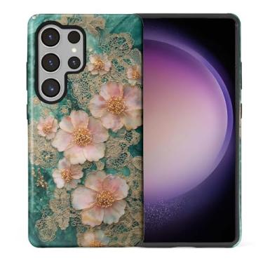 Imagem de CARLOCA Compatível com Samsung Galaxy S25 Ultra Full Body Protective Glossy Case para meninas meninos à prova de choque estética padrão rosa ouro flores renda verde tinta mármore