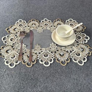 Imagem de Jogo americano de renda conjunto de 2 toalhas de mesa de renda de macramê bordadas florais retangulares tapetes de mesa naturais resistentes ao calor para festa de casamento, férias, vaso de café