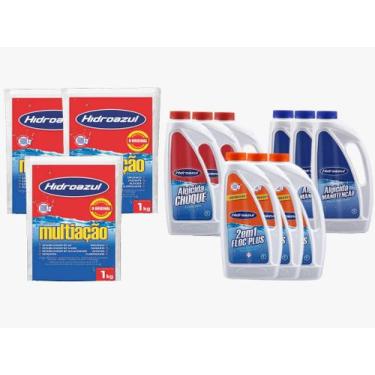 Imagem de Kit HIDROAZUL Piscinas Cloro Multiação 3kg Algicida Manutenção 3L Floc