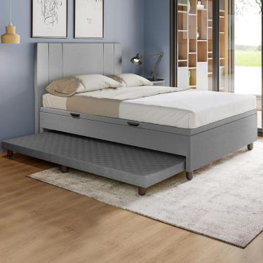Imagem de Base Cama Baú Casal Com Cama Auxiliar C/colchão Conjugado Corino - Skybox Cor Cinza