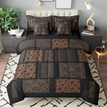 Imagem de Conjunto de edredom solteiro com estampa de pele selvagem, 7 peças, leopardo, guepardo, zebra, gado, marrom, preto, (1 edredom, 2 fronhas, 2 fronhas, 1 lençol de cima, 1 lençol com elástico)